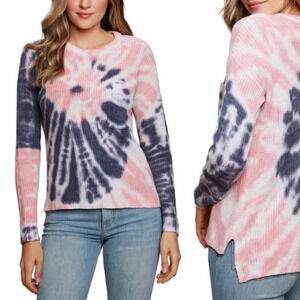 Women's Pink Navy Tie Dye Knit Sweater SZ S Long Sleeve Pullover Top Lightweight